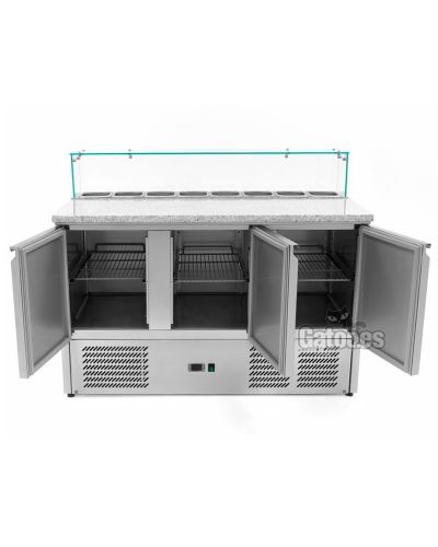 Mesa Refrigerada para Pizza de Granito, 8 cubetas GN1/6. Ancho 136,5 cm. Cúpula cristal