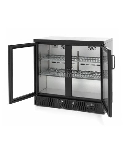 Vista puertas abiertas Frigorífico Vertical Doble Profesional 227 Litros LXB2. 2 Puertas de cristal. Alto 85 x Ancho 92 cm.