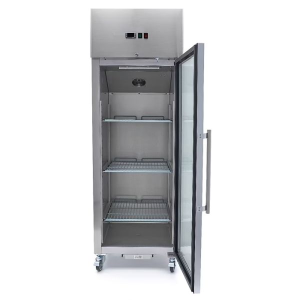 Puerta abierta Congelador Vertical Profesional Lux 700 Litros Inox.  Con Puerta Cristal. Con Bandejas GN 2/1. Alto 200 cm.