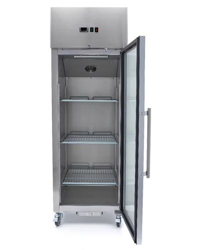 Puerta abierta Congelador Vertical Profesional Lux 700 Litros Inox.  Con Puerta Cristal. Con Bandejas GN 2/1. Alto 200 cm.