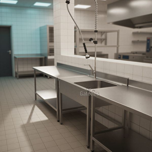 Fregadero de acero inoxidable de 1 Cuba. Fondo 60 cm. Con grifo ducha