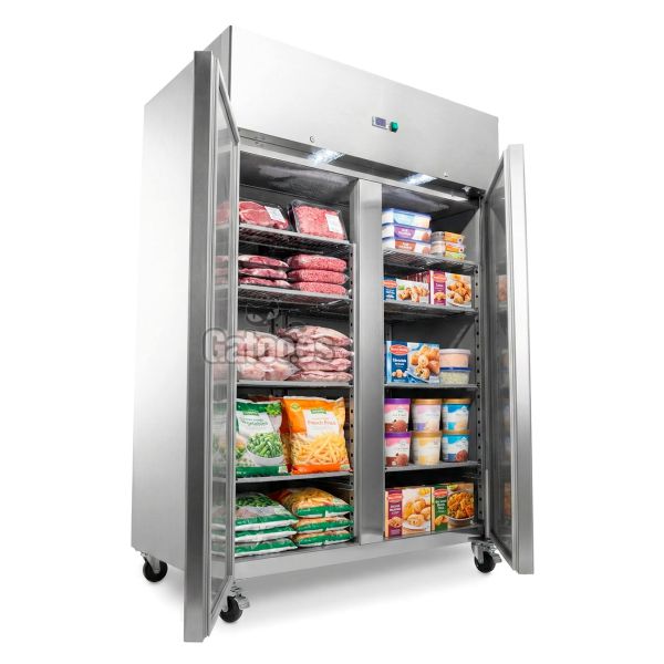 Congelador Vertical Doble Profesional Lux 1.200 Litros Inox. Alto 200 x Ancho 134 cm. Puertas abiertas