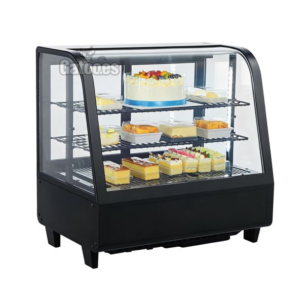Vitrina Expositora Refrigerada 100 Litros Sobremesa. 4 Caras de Cristal Curvo - Negro